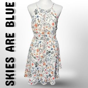 SKIES ARE BLUE White Floral Halter Dress, Lace-Up Front Tie, Size XS